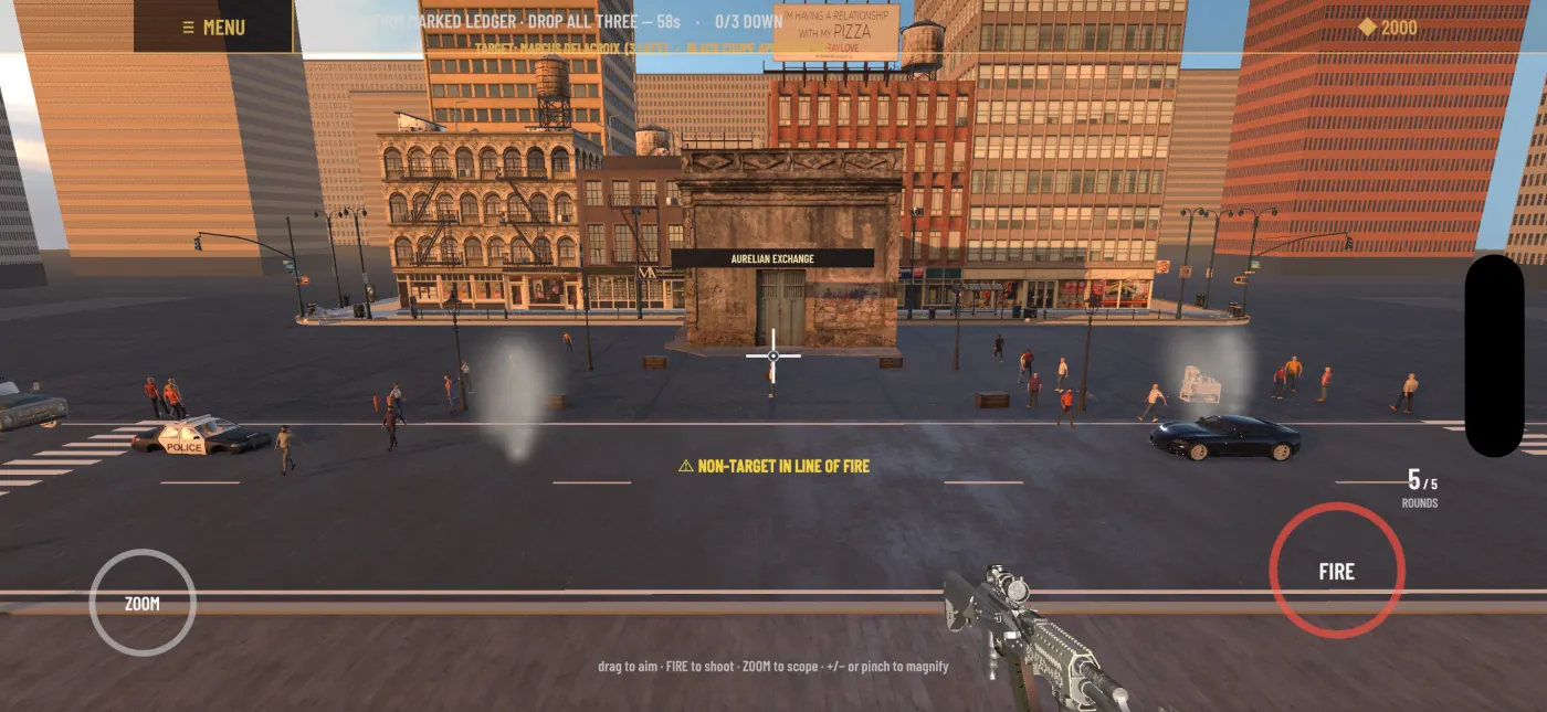 Falcon Sniper city contract gameplay with civilians crossing the line of fire